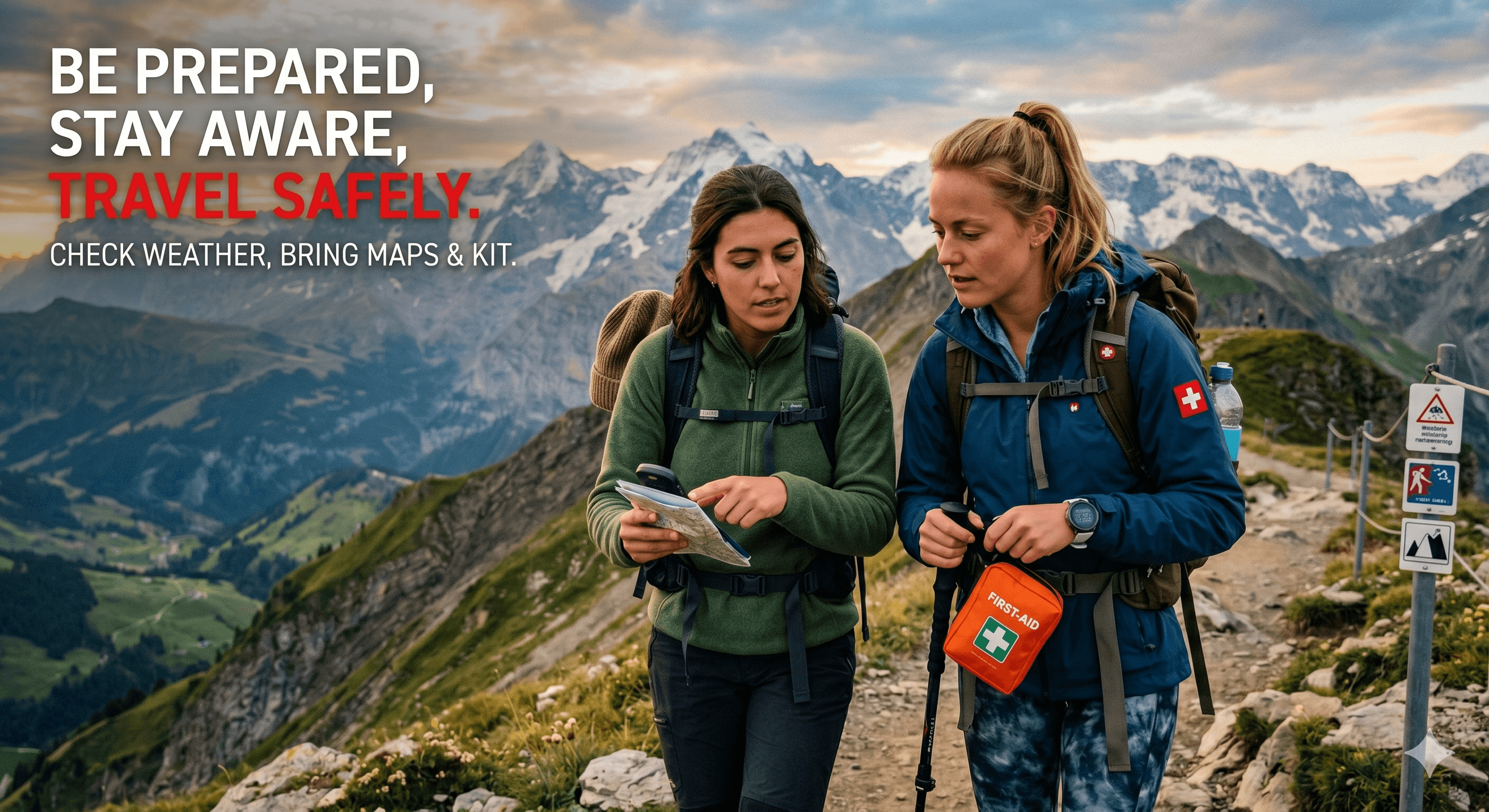 Travelers reviewing a map and carrying safety equipment in the mountains